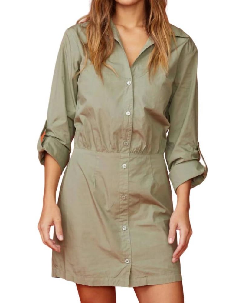 Front of a model wearing a size L Poplin Shirt Dress in Laurel Green in Laurel Green by MONROW. | dia_product_style_image_id:363128